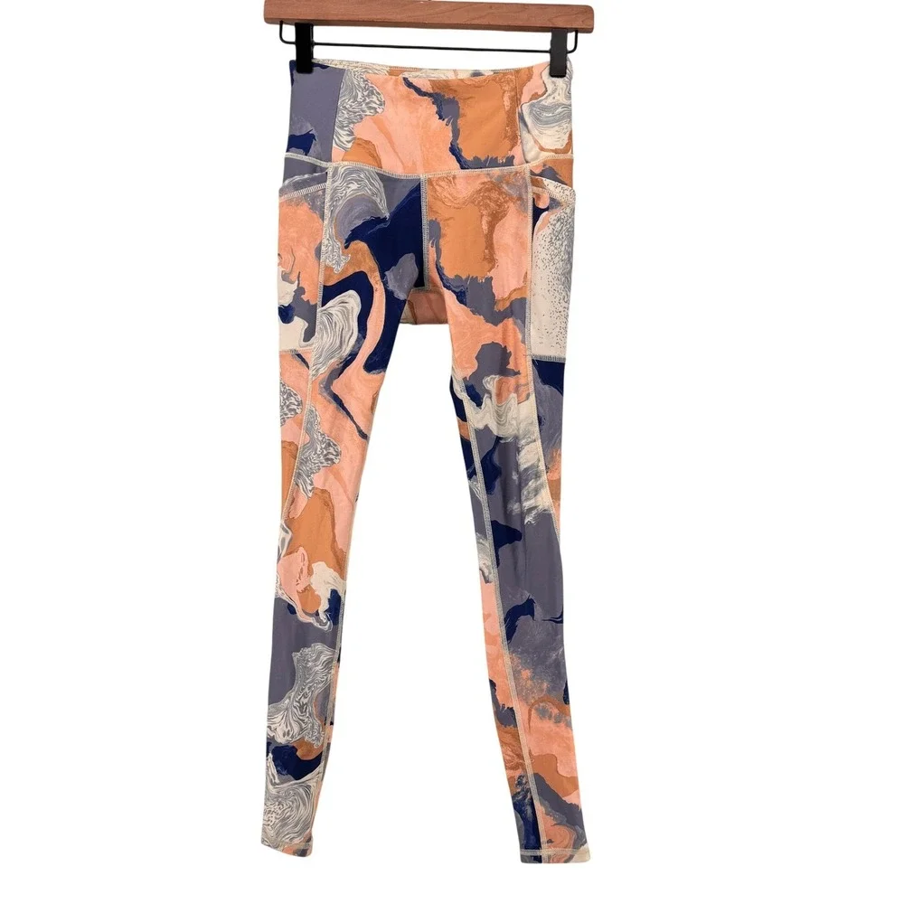 DSG Womens‎ High Waisted Marble Swirl Print 7/8 Leggings Blue Peach XS